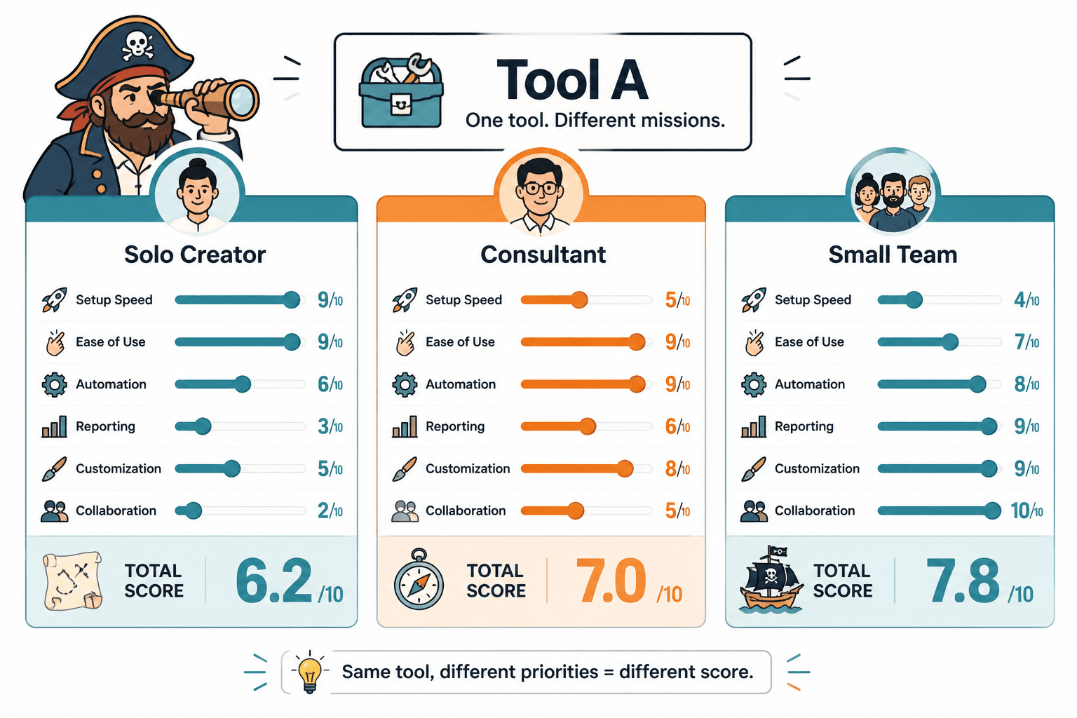 Same tool scored differently for a solo creator, consultant, and small team.