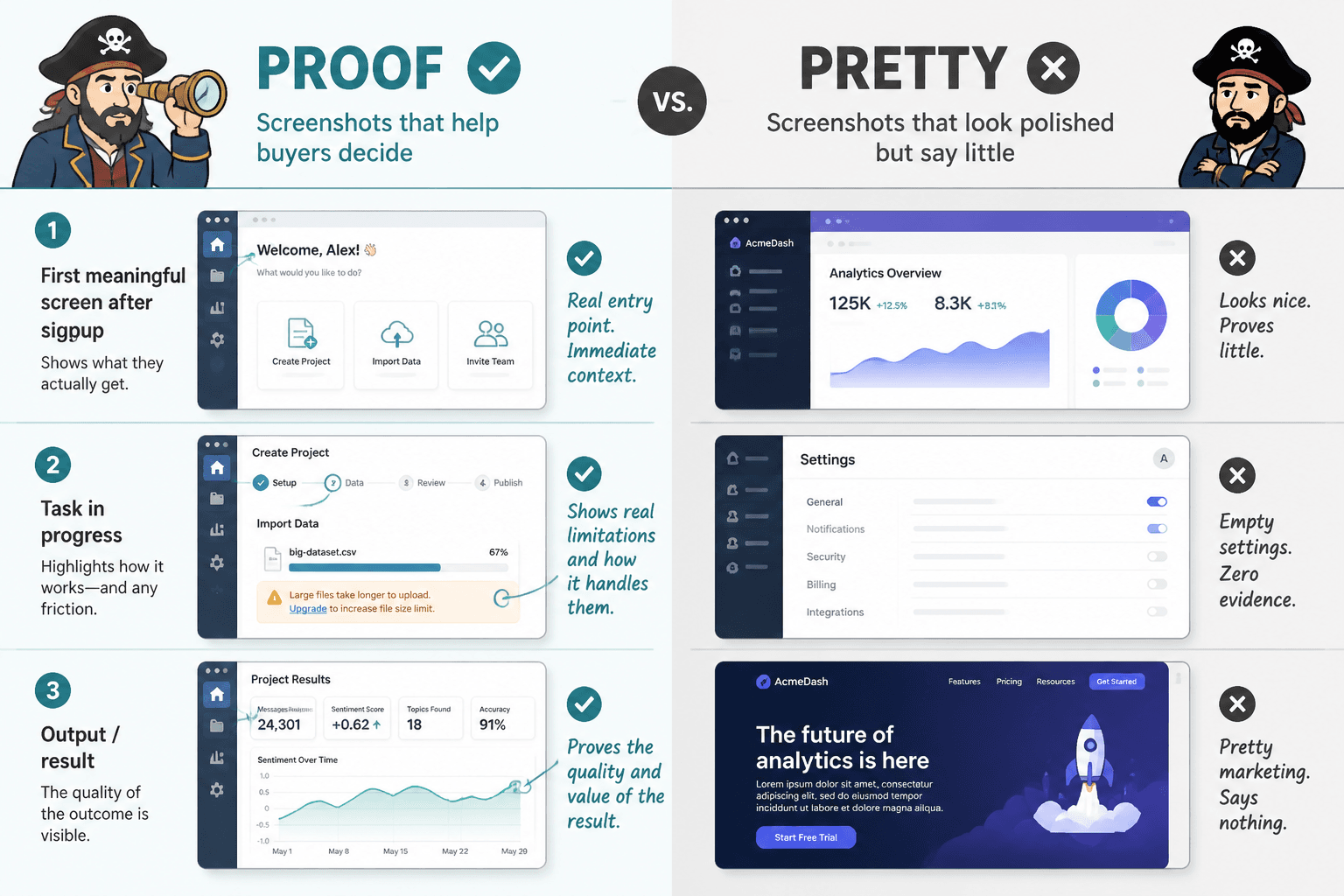Side-by-side comparison of helpful proof screenshots versus polished but uninformative screenshots in a tool review.