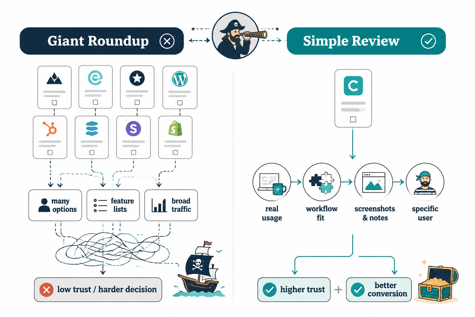 Side-by-side flowchart comparing a giant roundup with a simple review