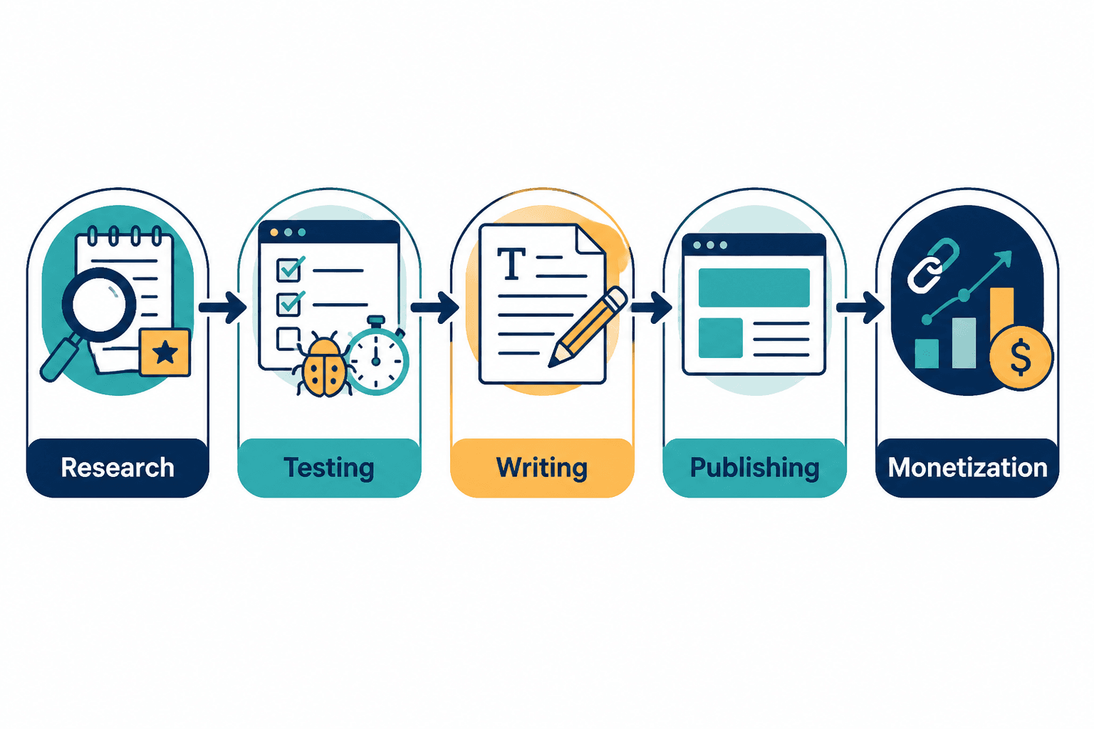 Workflow diagram showing research, testing, writing, publishing, and monetization in a review stack