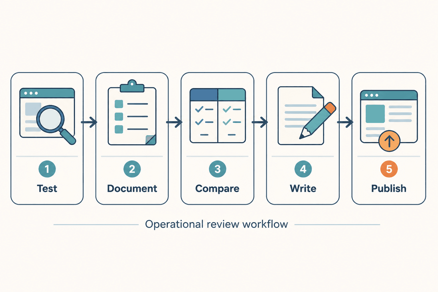 Workflow diagram: test, document, compare, write, publish