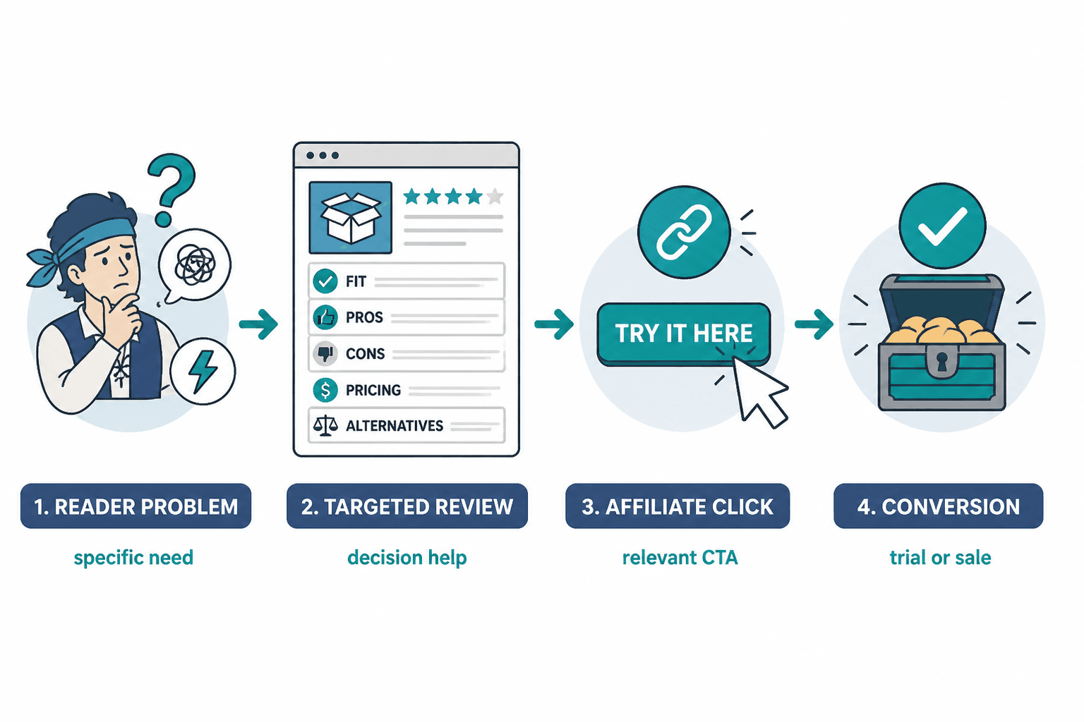 Flow from reader problem to review to affiliate click to conversion
