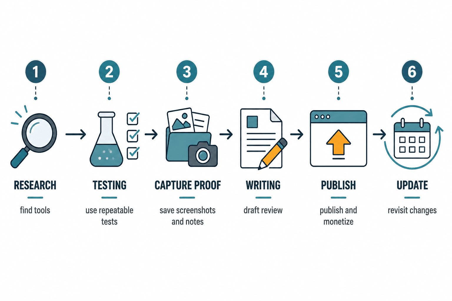 Workflow from research to testing, capture, writing, publish, and updates