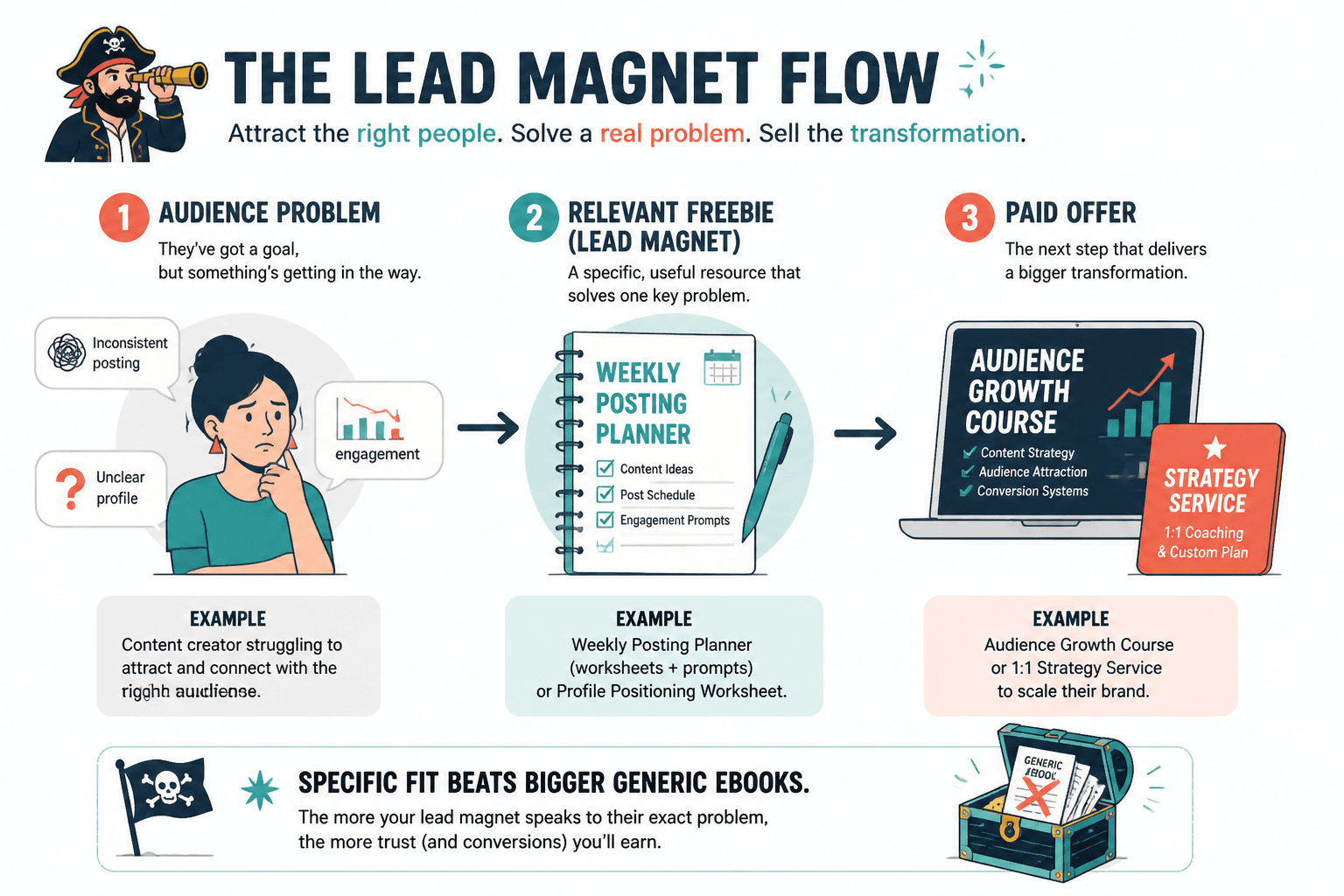 Flow diagram linking audience problem, targeted freebie, and paid offer