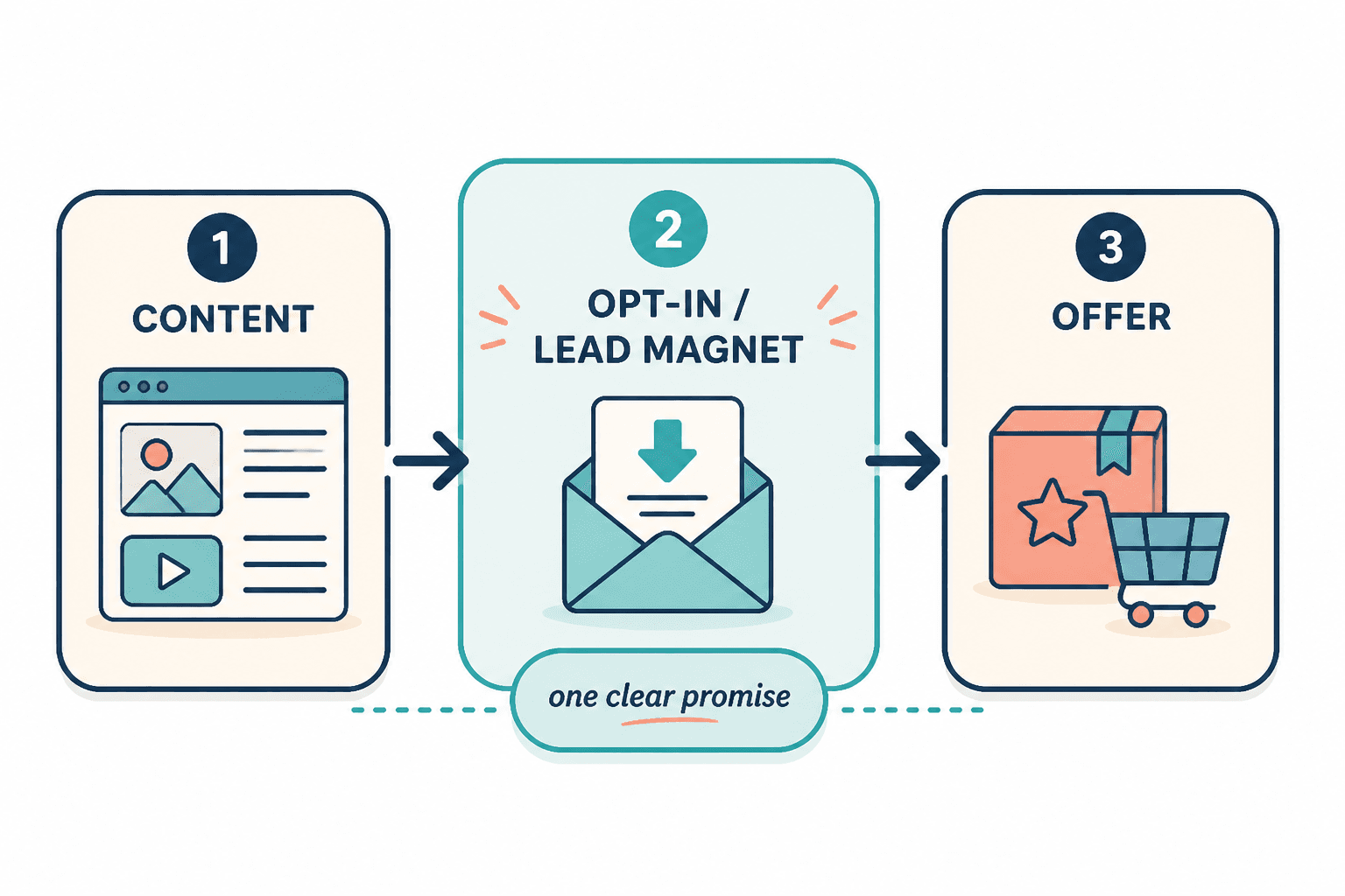 Simple funnel showing content leading to opt-in, then offer