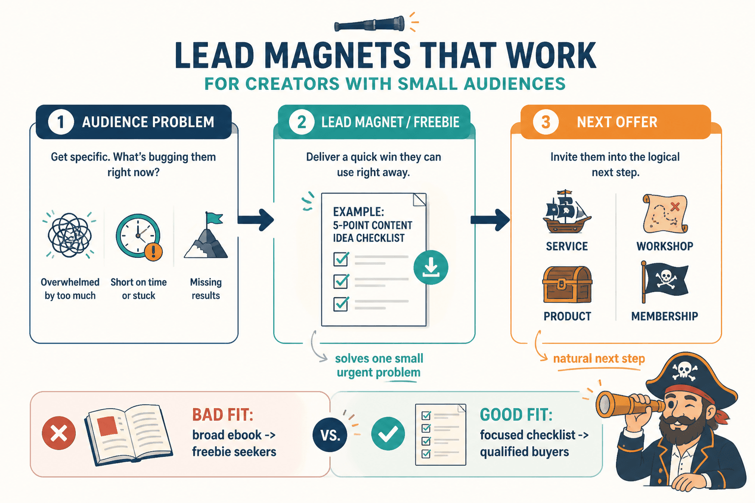 Diagram linking audience problem to freebie and next paid offer