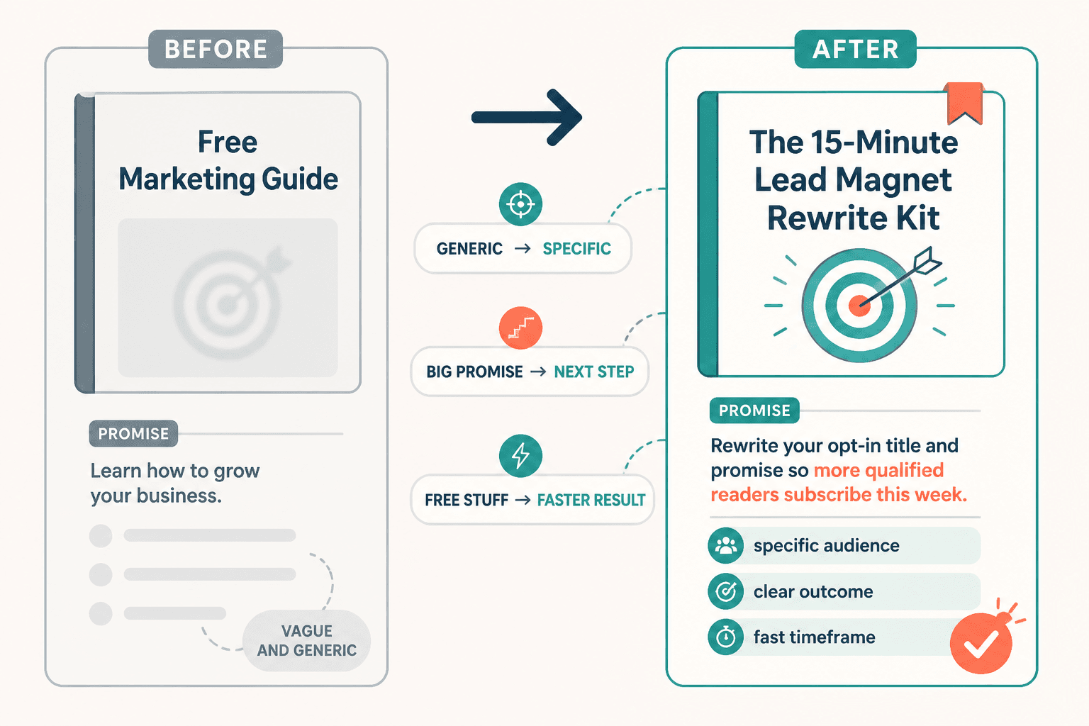 Side-by-side example of a weak lead magnet title rewritten into a specific outcome-driven version.
