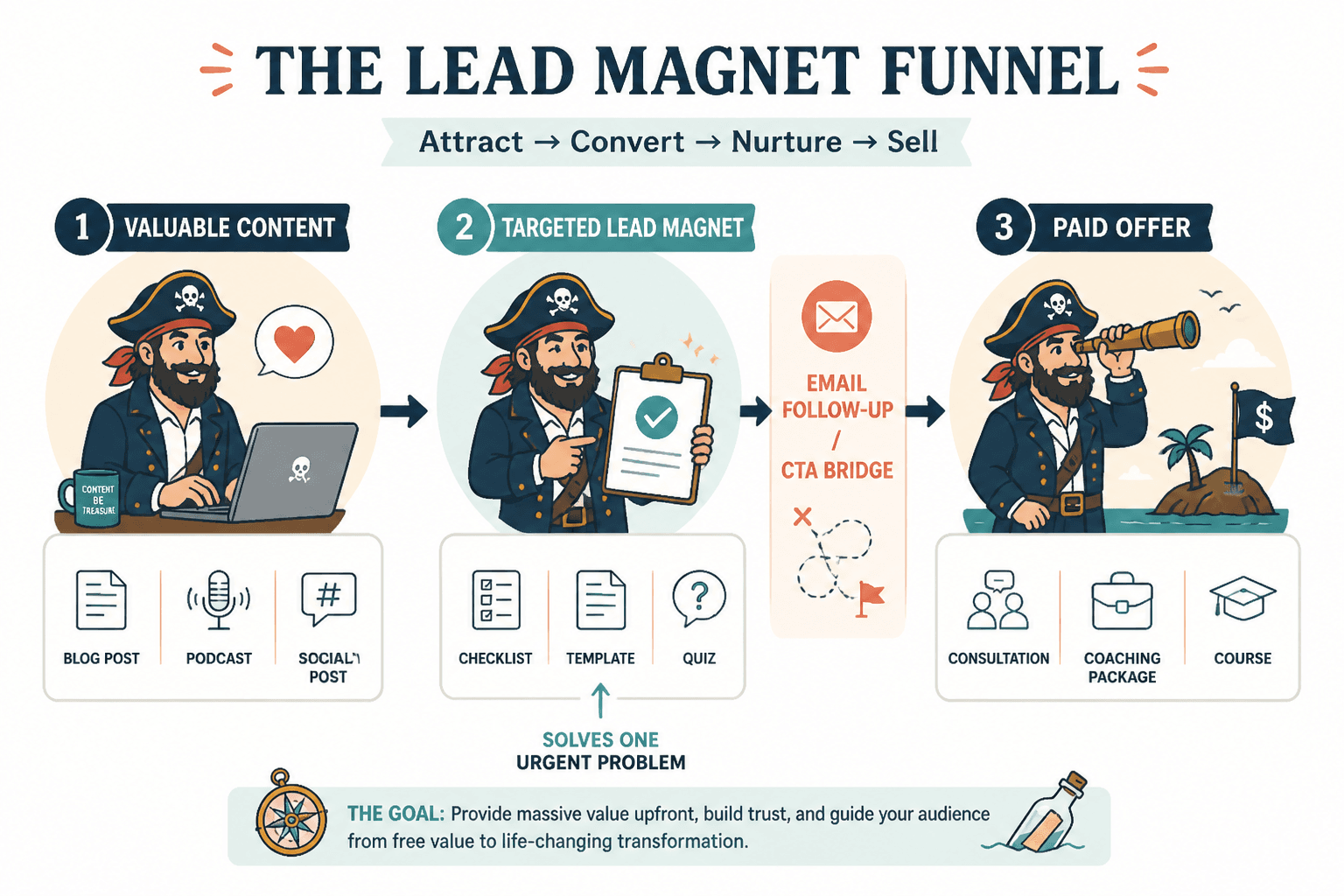 Simple funnel from content to lead magnet to paid offer