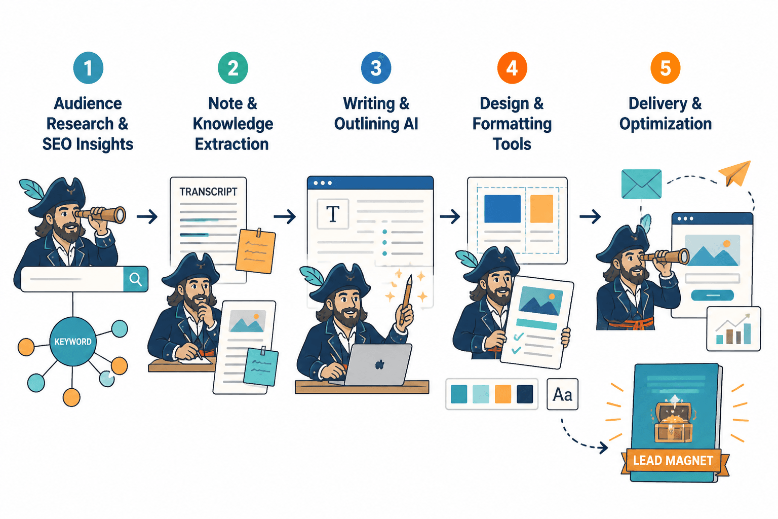Lead magnet workflow showing AI tool categories from research to writing, design, and delivery