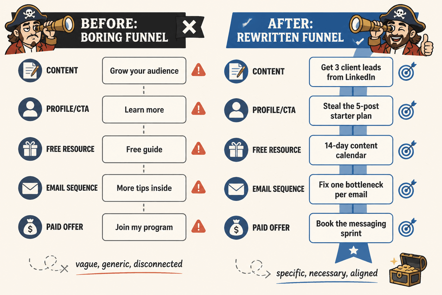Before-and-after creator funnel messaging flow from vague to specific