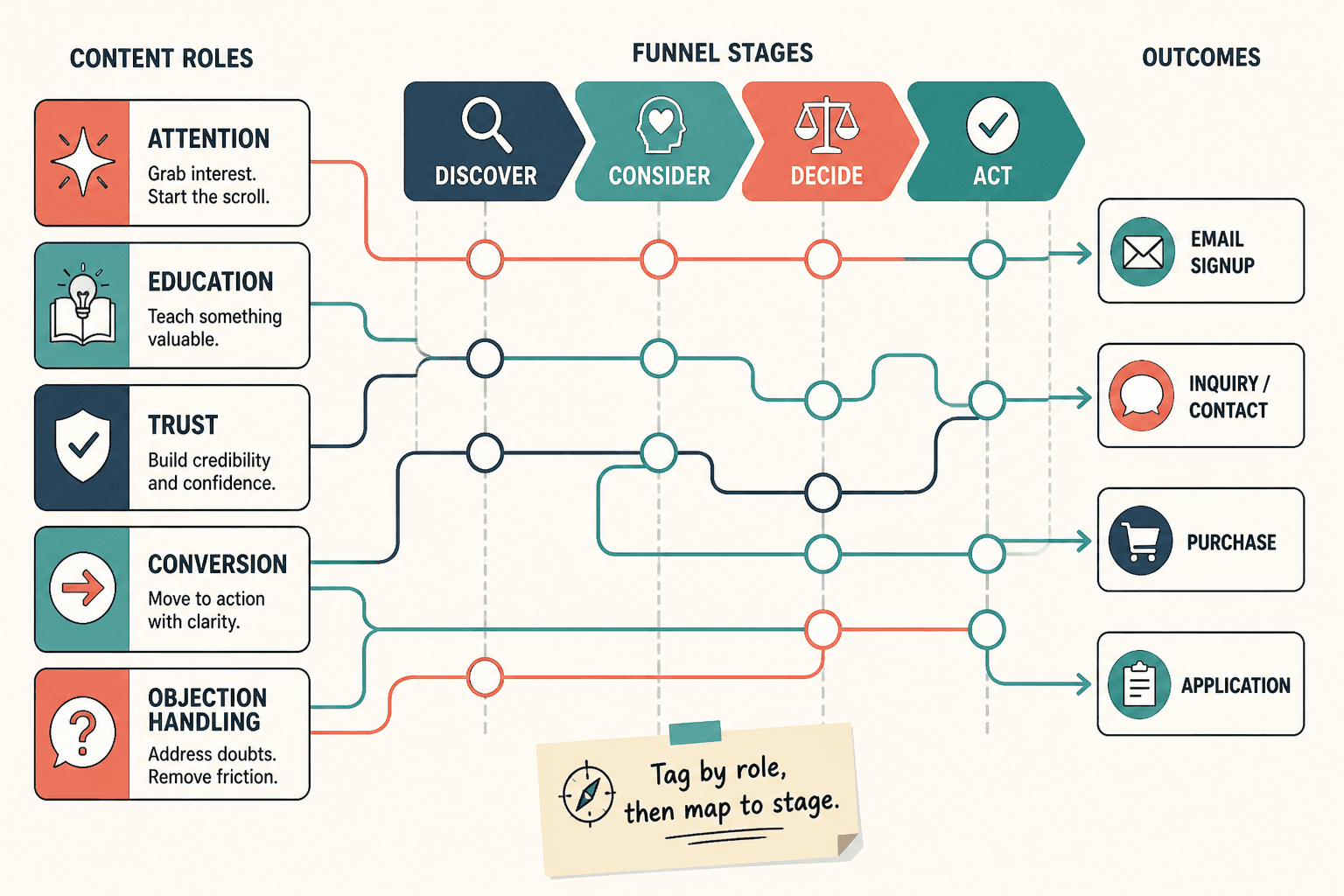 Simple map linking old content roles to funnel stages
