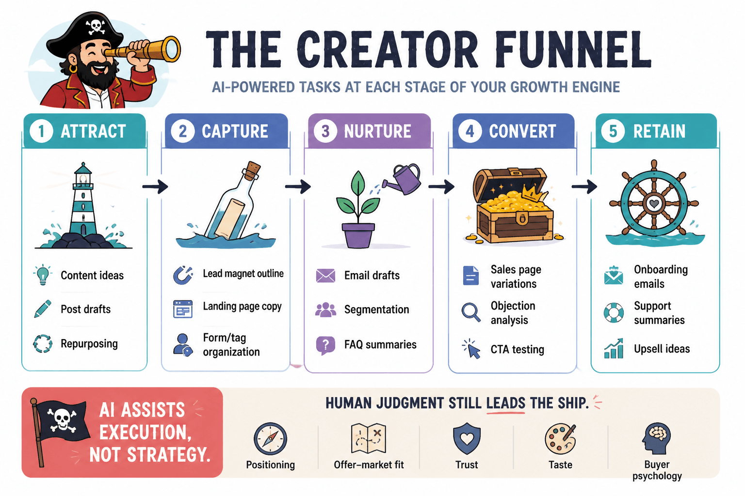Creator funnel diagram showing where AI assists at each stage
