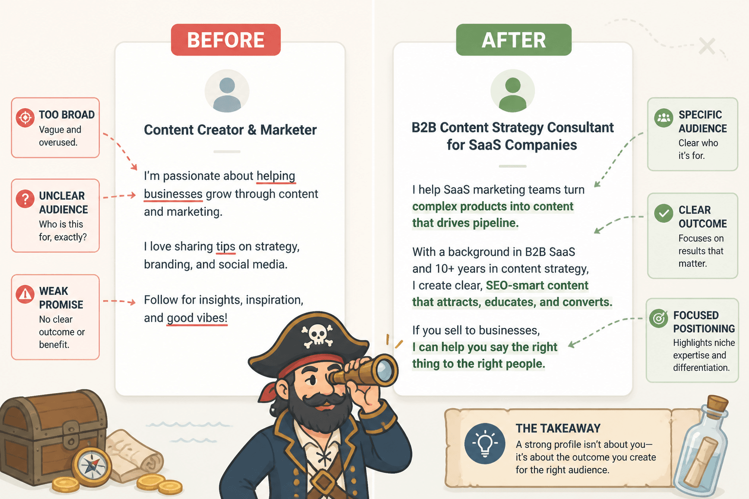 Before-and-after creator bio cards with notes on audience, niche, and clear outcome
