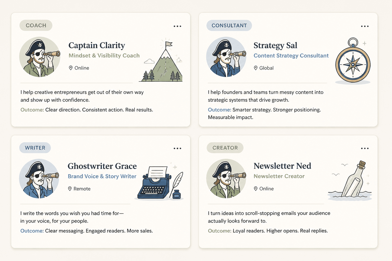 Grid of mock bio snippets for a coach, consultant, writer, and creator