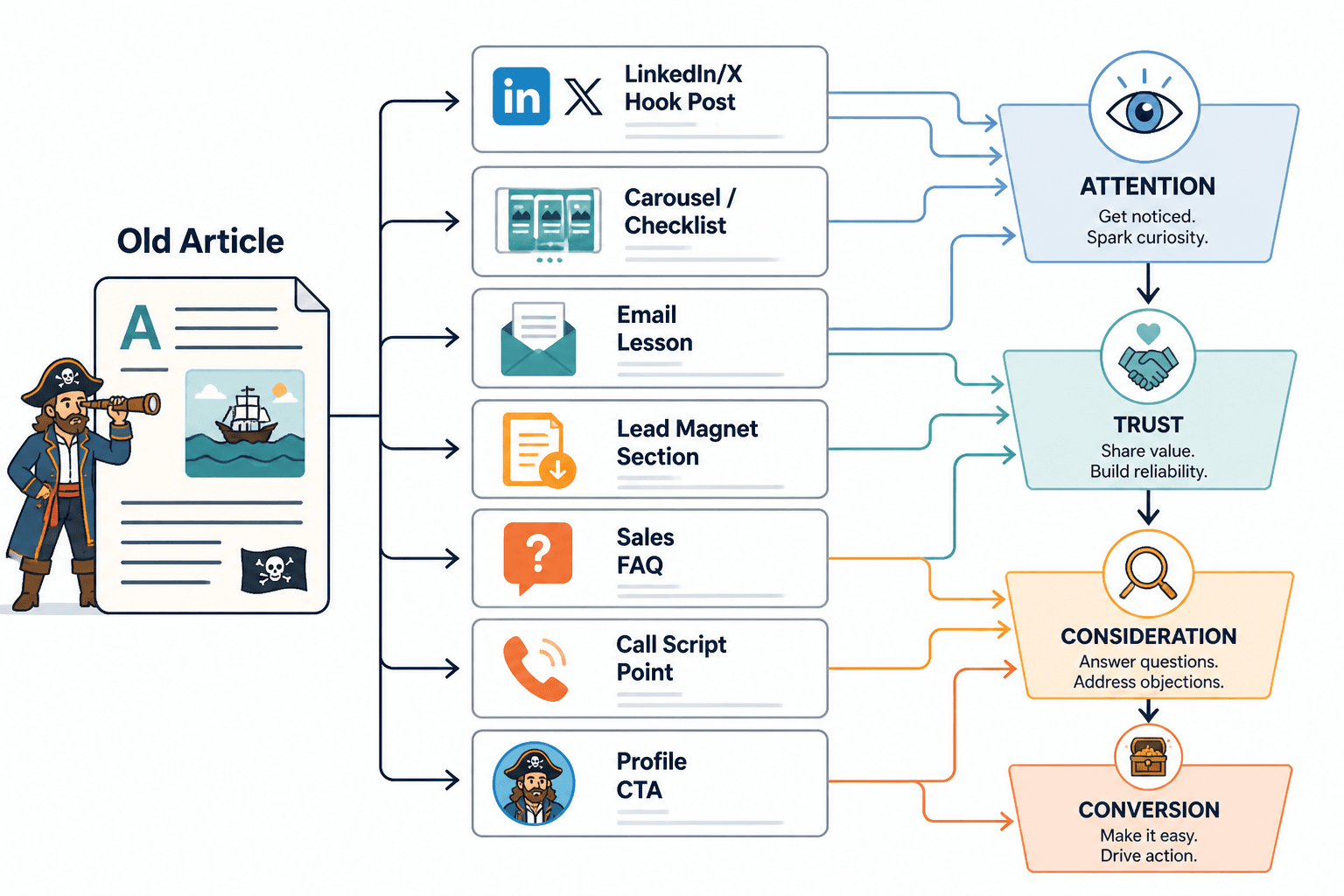 Diagram showing one old article split into multiple funnel assets across stages