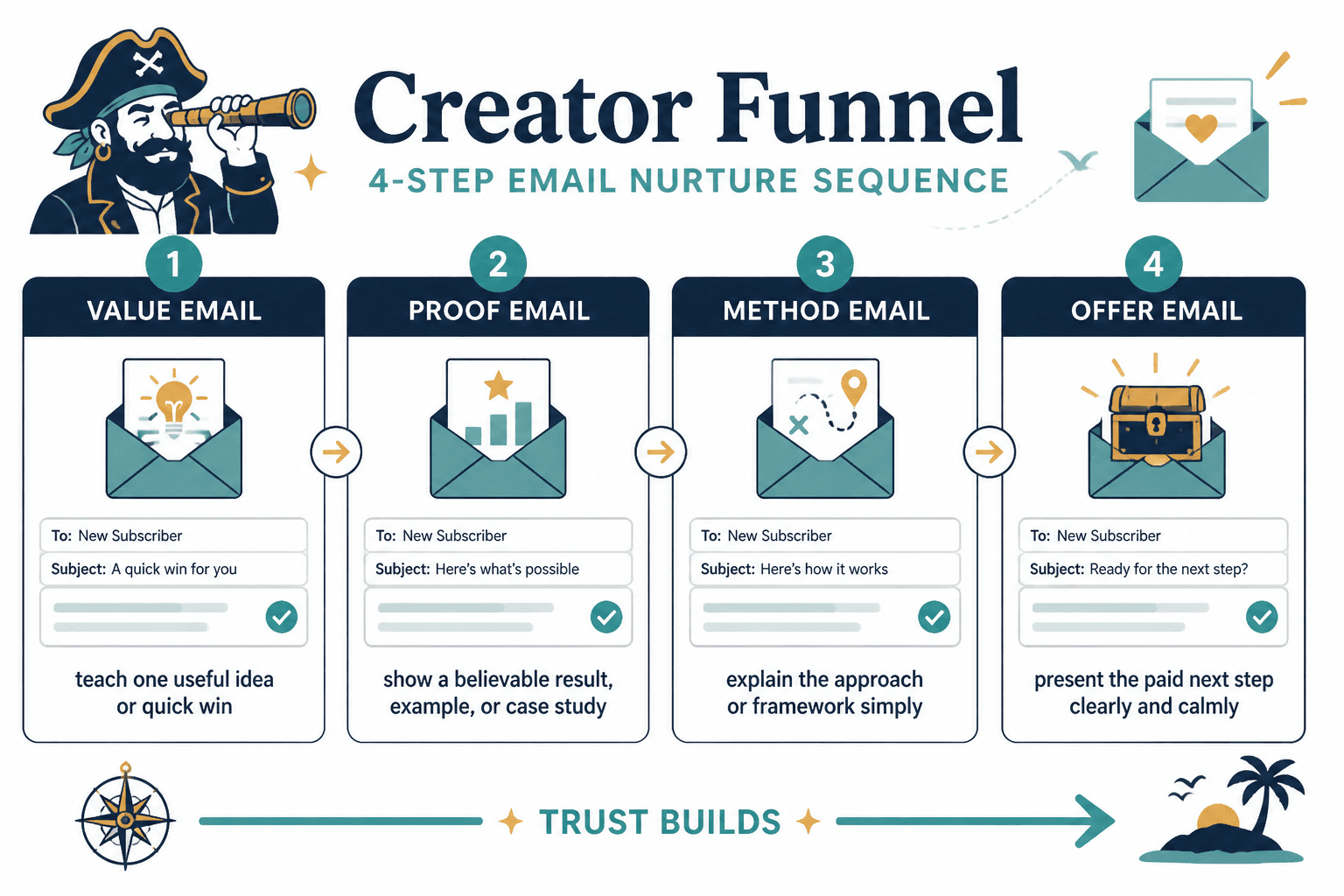 Four-email nurture sequence from value to offer