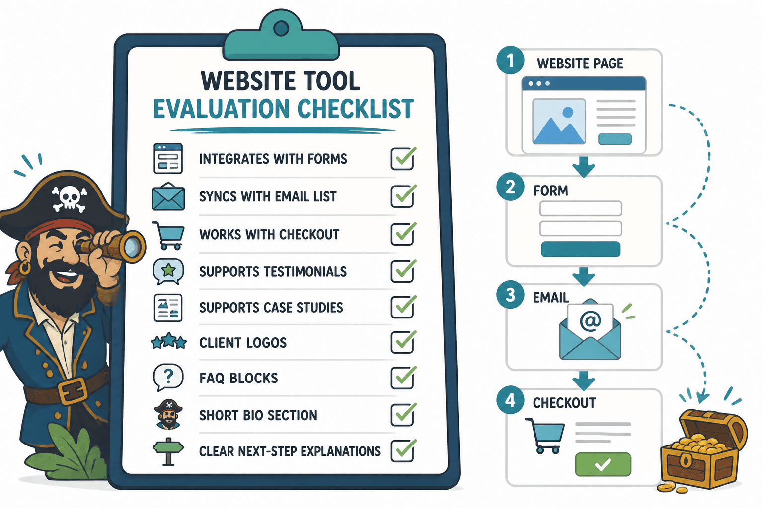 Checklist of creator website tool features including integration, trust signals, and clear next steps