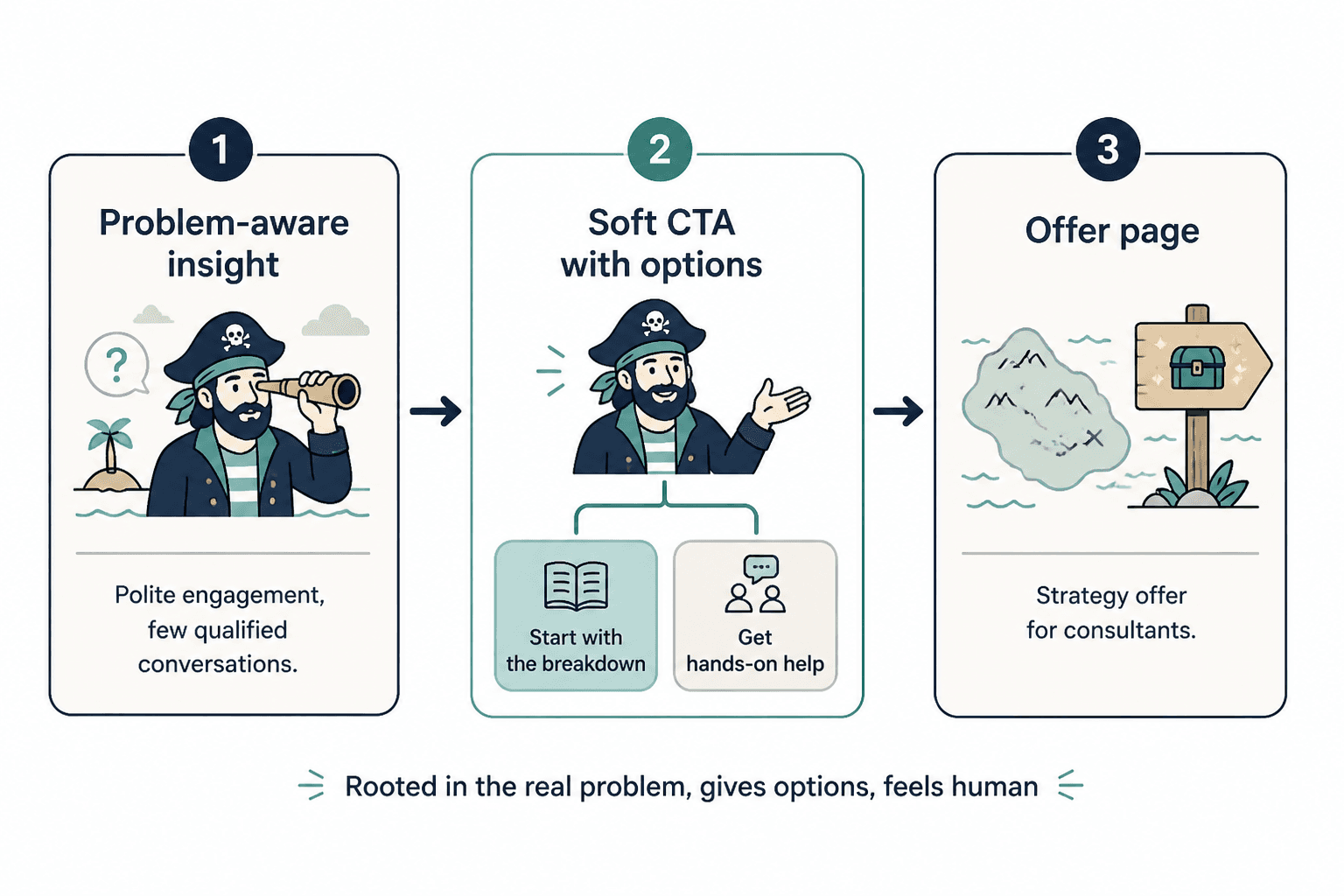 Flow from problem insight to optional breakdown to strategy offer page