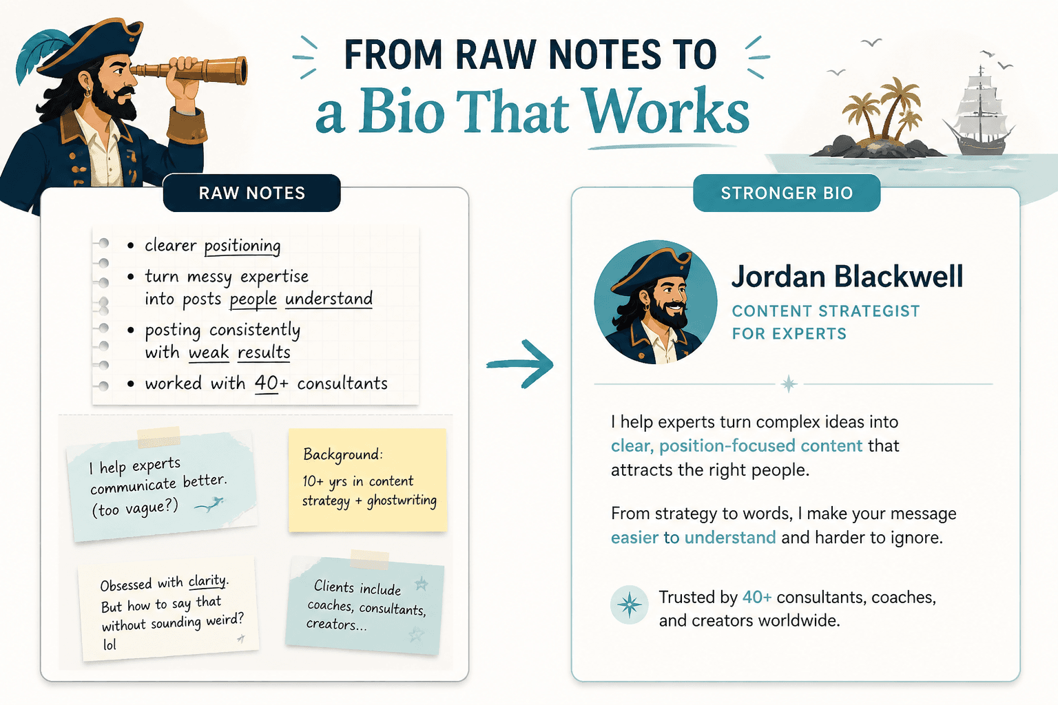 Profile mockup showing raw content notes rewritten into a clear bio