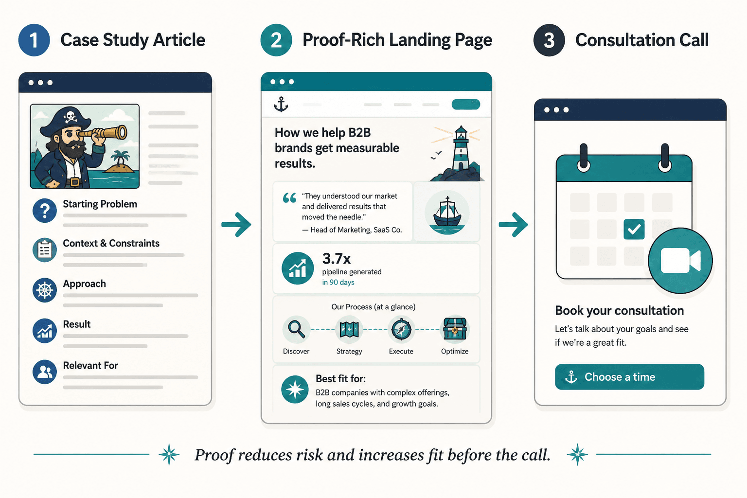 Flow from case study article to proof landing page to consultation call