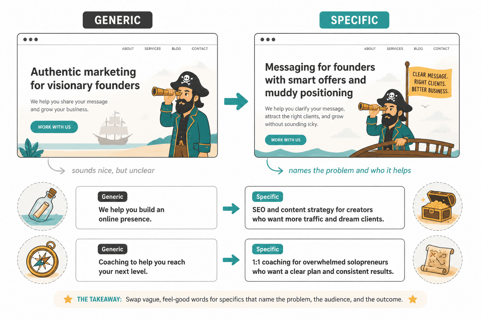 Side-by-side examples of vague and specific homepage headlines