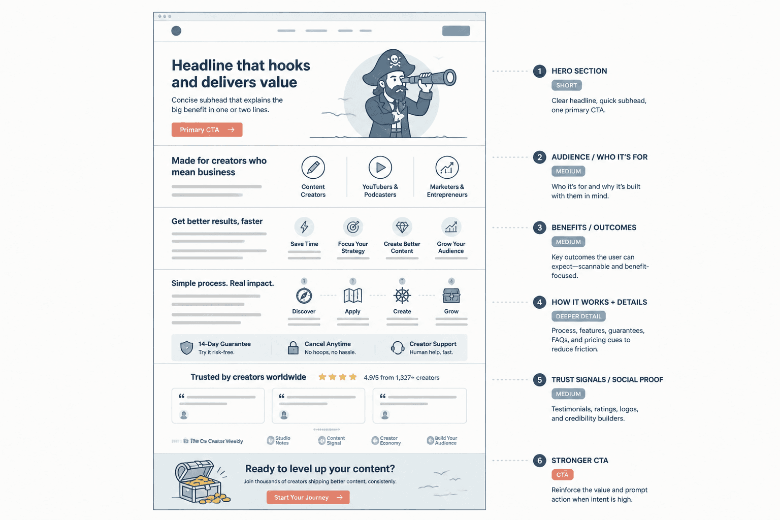 Homepage wireframe showing section order and copy depth