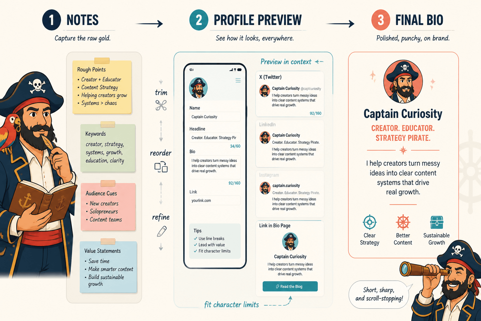 Workflow from raw notes to profile preview to final bio