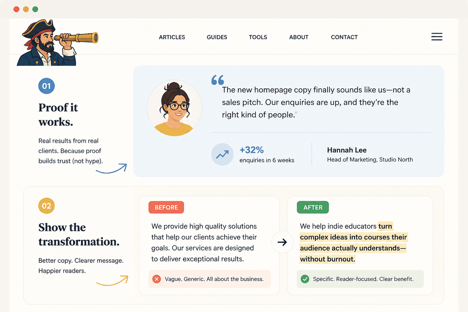 Mock homepage proof section with testimonial result and before-after copy example