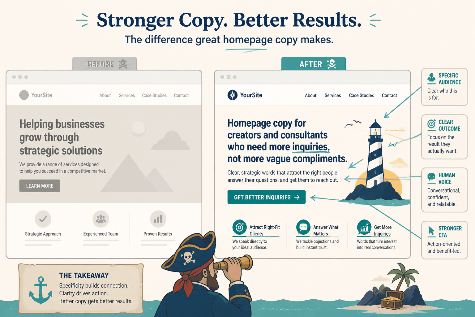 Before-and-after homepage hero copy mockup comparing vague and specific messaging