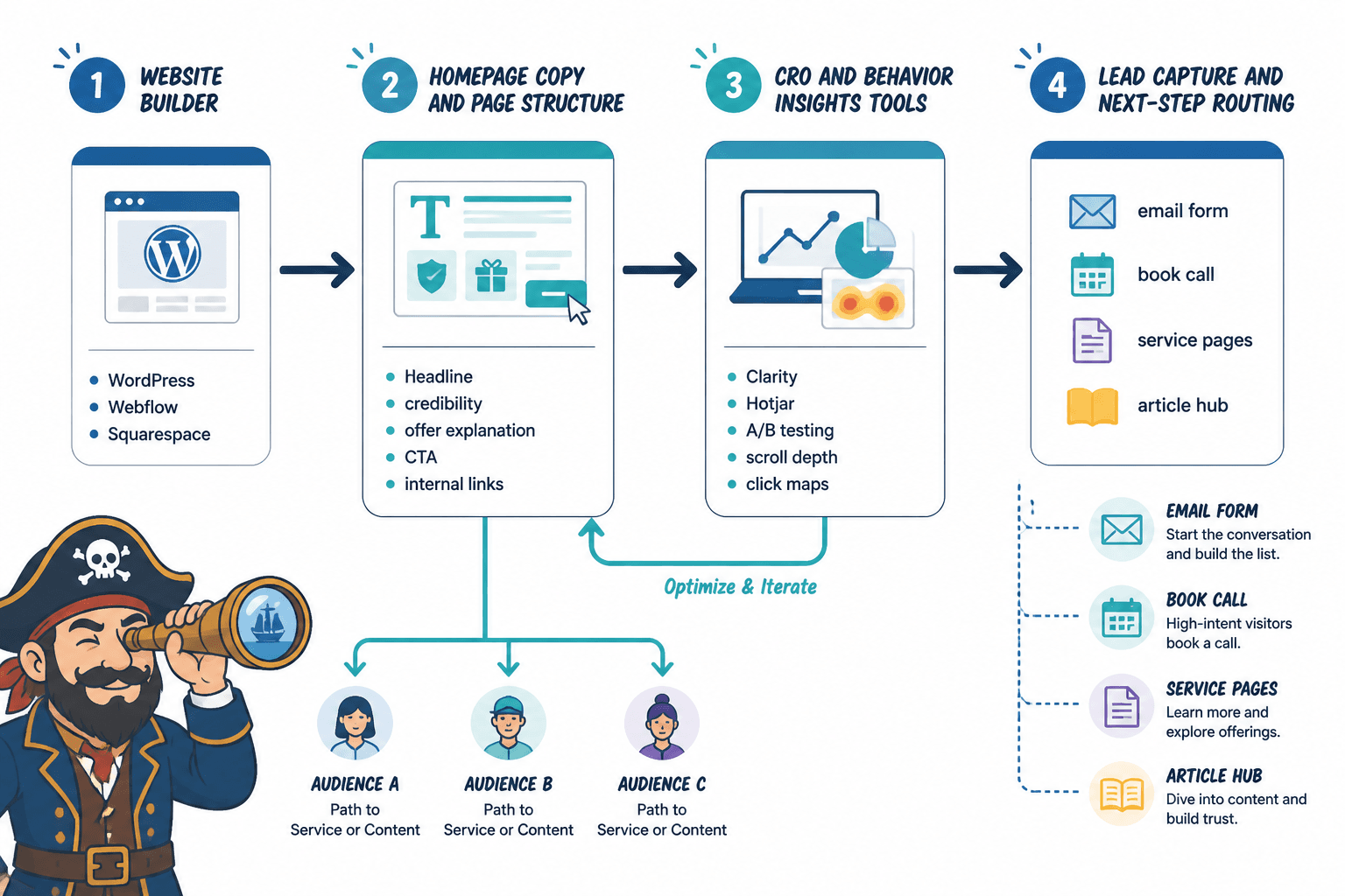 Workflow diagram linking website builder, CRO tools, homepage copy, and lead capture paths.