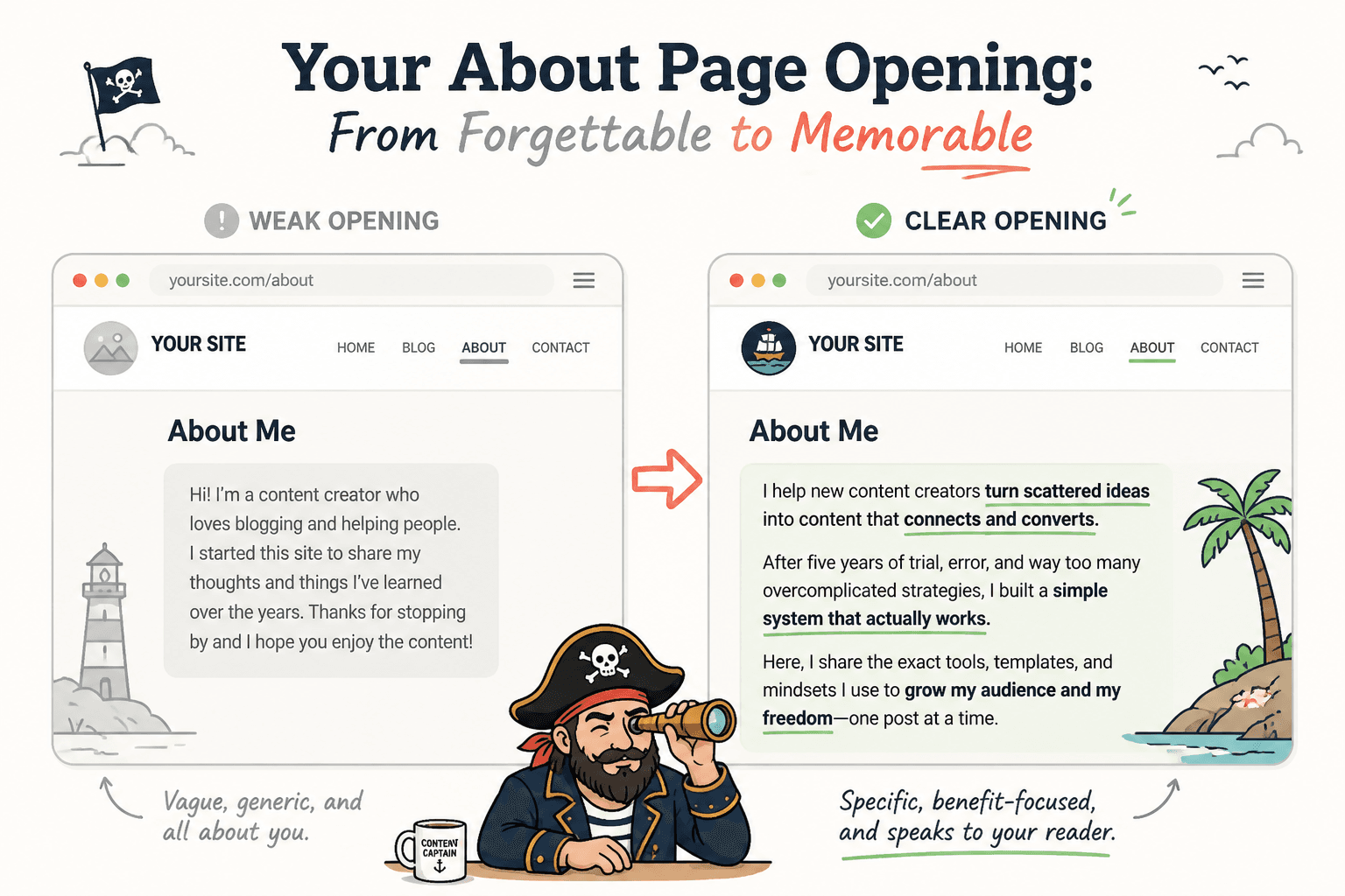 Side-by-side mockup of a vague About page opening rewritten into a clear, specific version.