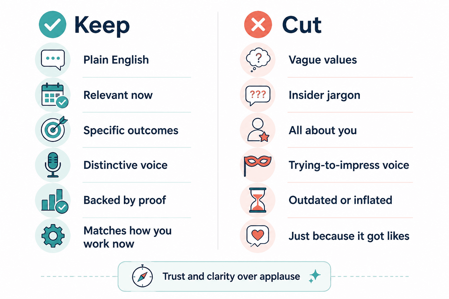 Two-column checklist showing what to keep and cut in About page copy