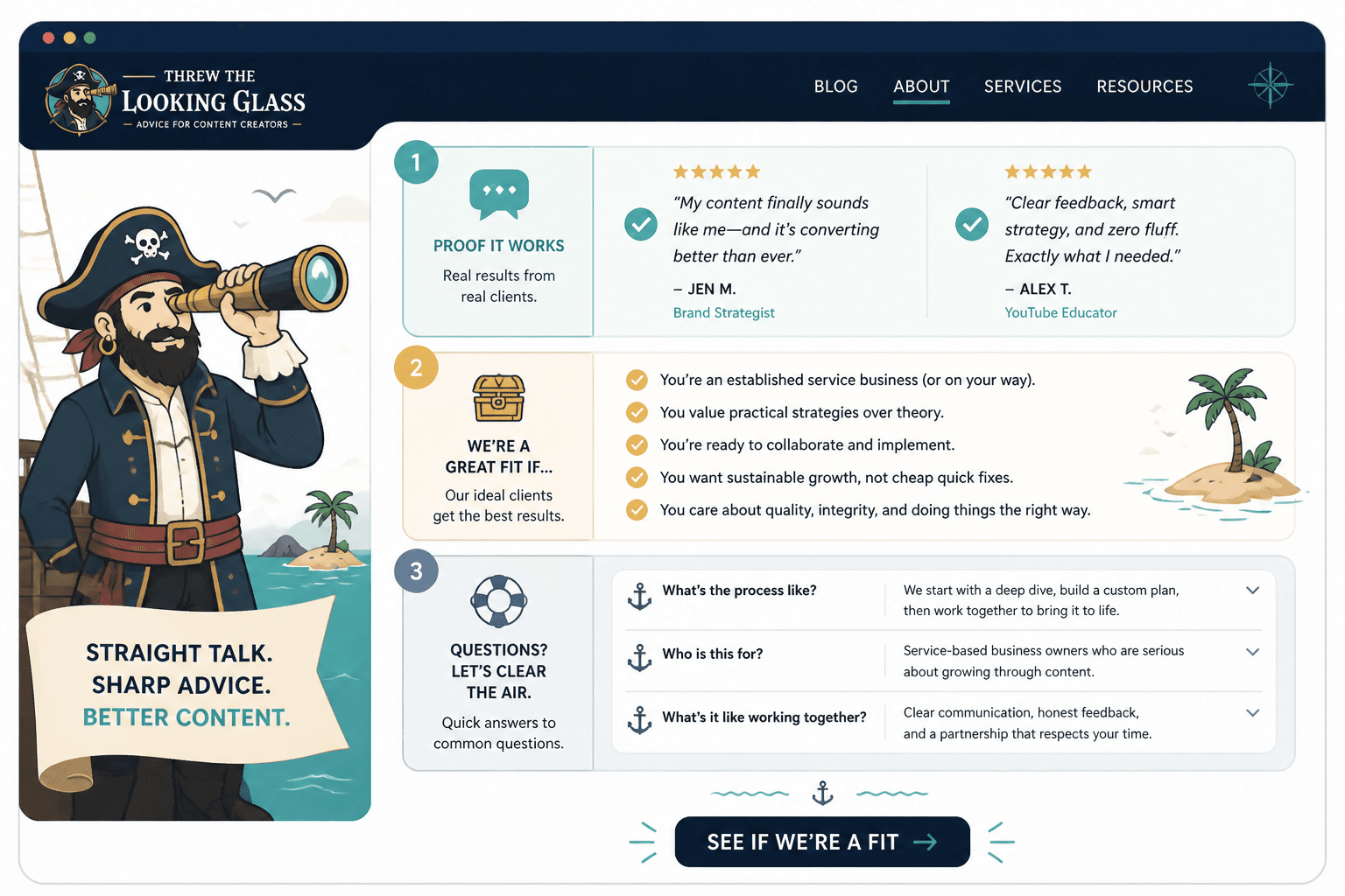 Mock About page with proof, fit criteria, and objection-handling sections