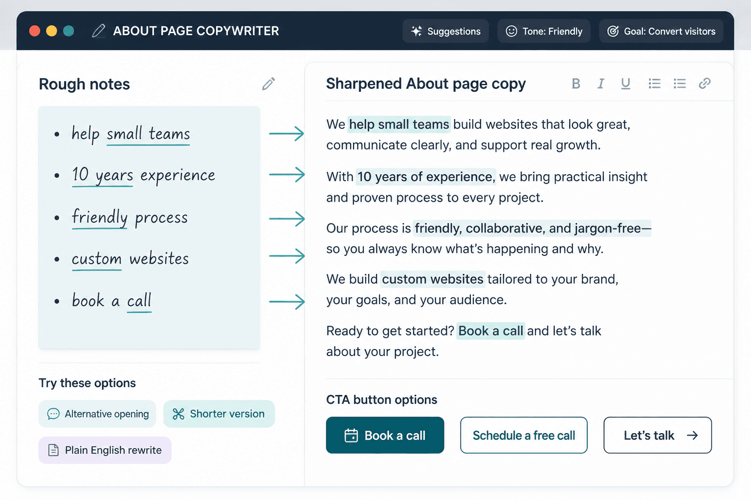 Mock editor showing rough About page bullets rewritten into clearer copy