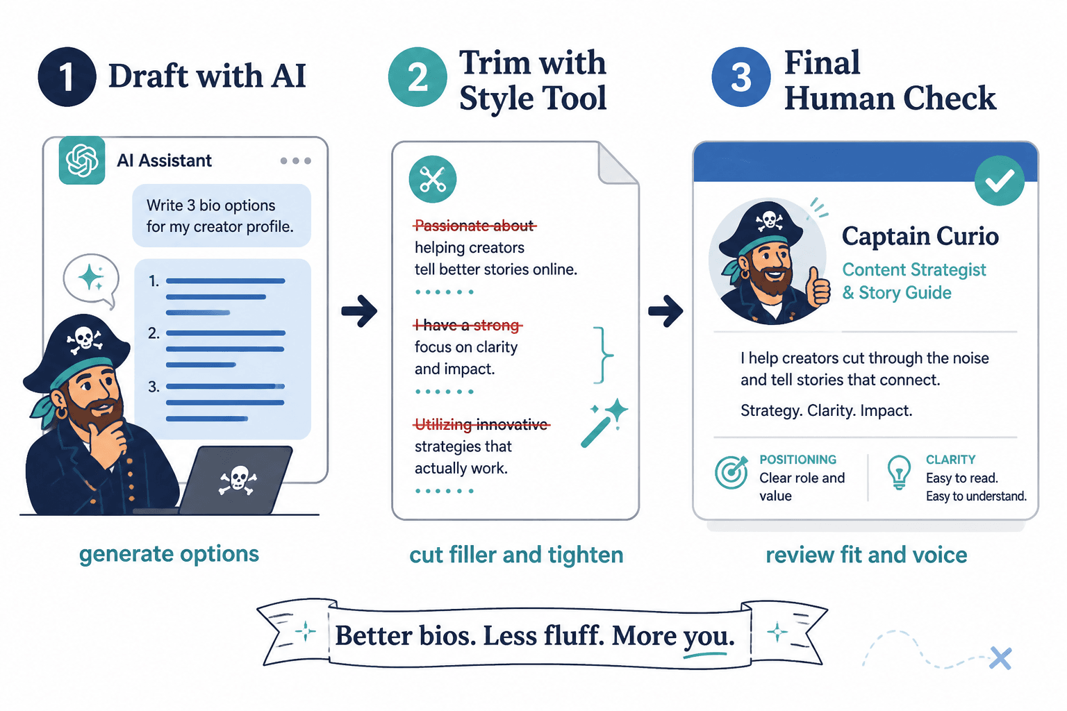 Three-step workflow from AI draft to style edit to final creator bio review