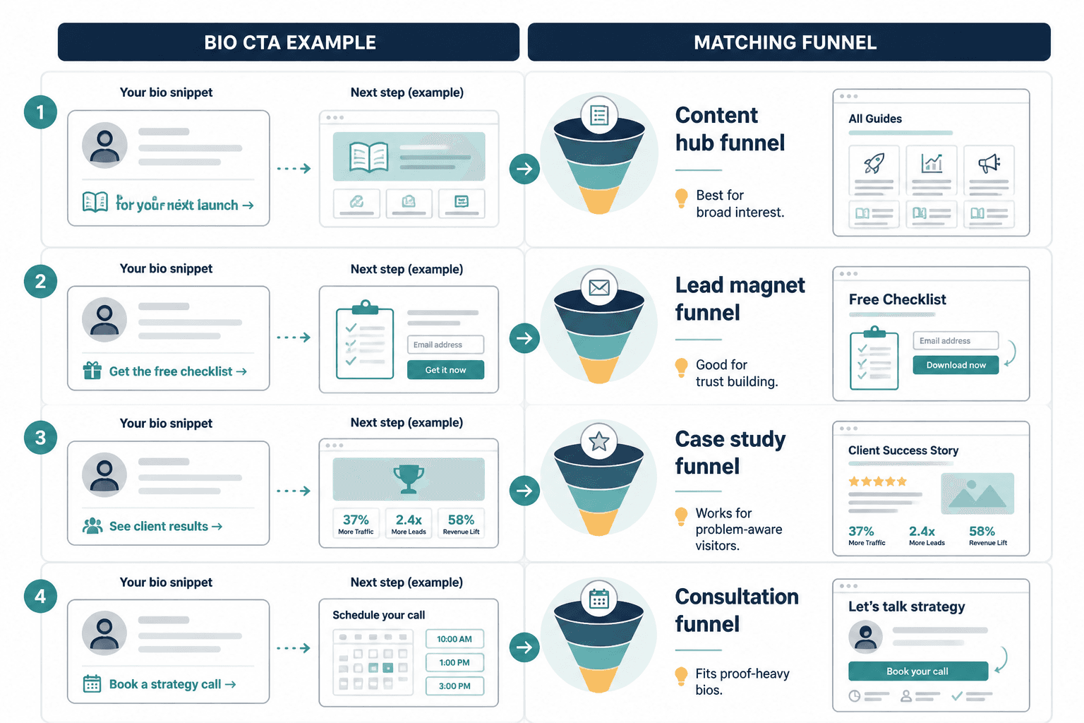 Examples of bio CTA lines matched to funnel types