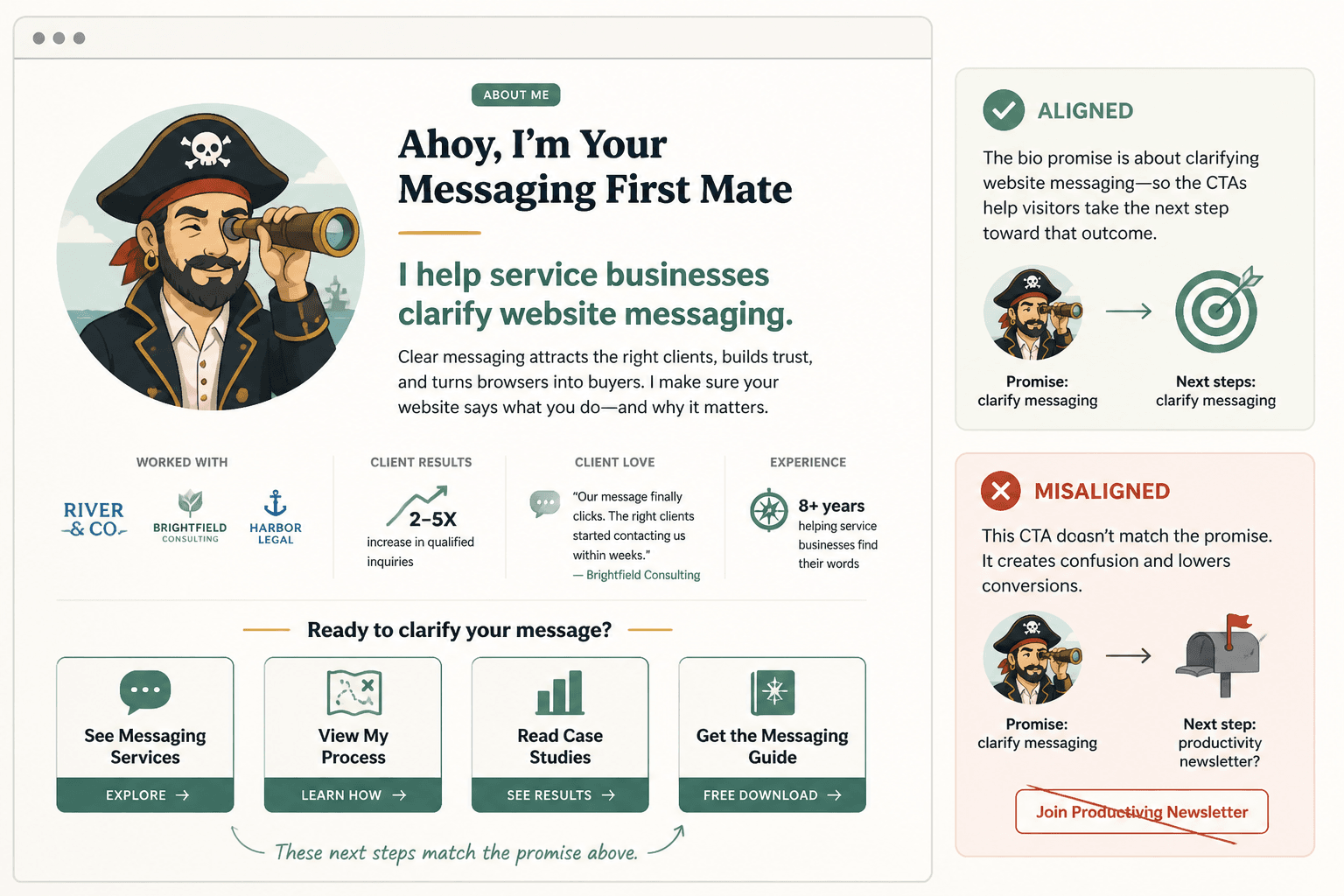 Mock website bio with aligned trust cues and matching CTA buttons