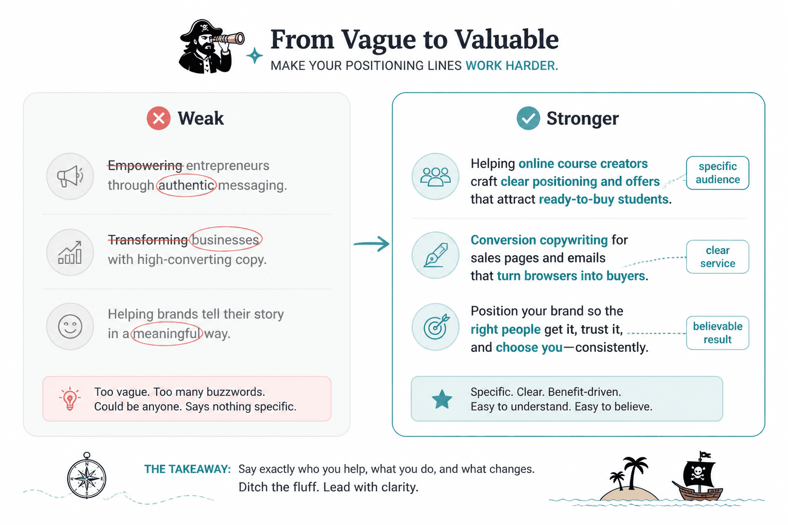 Side-by-side examples of weak and strong positioning lines with problem words crossed out and concrete details highlighted.