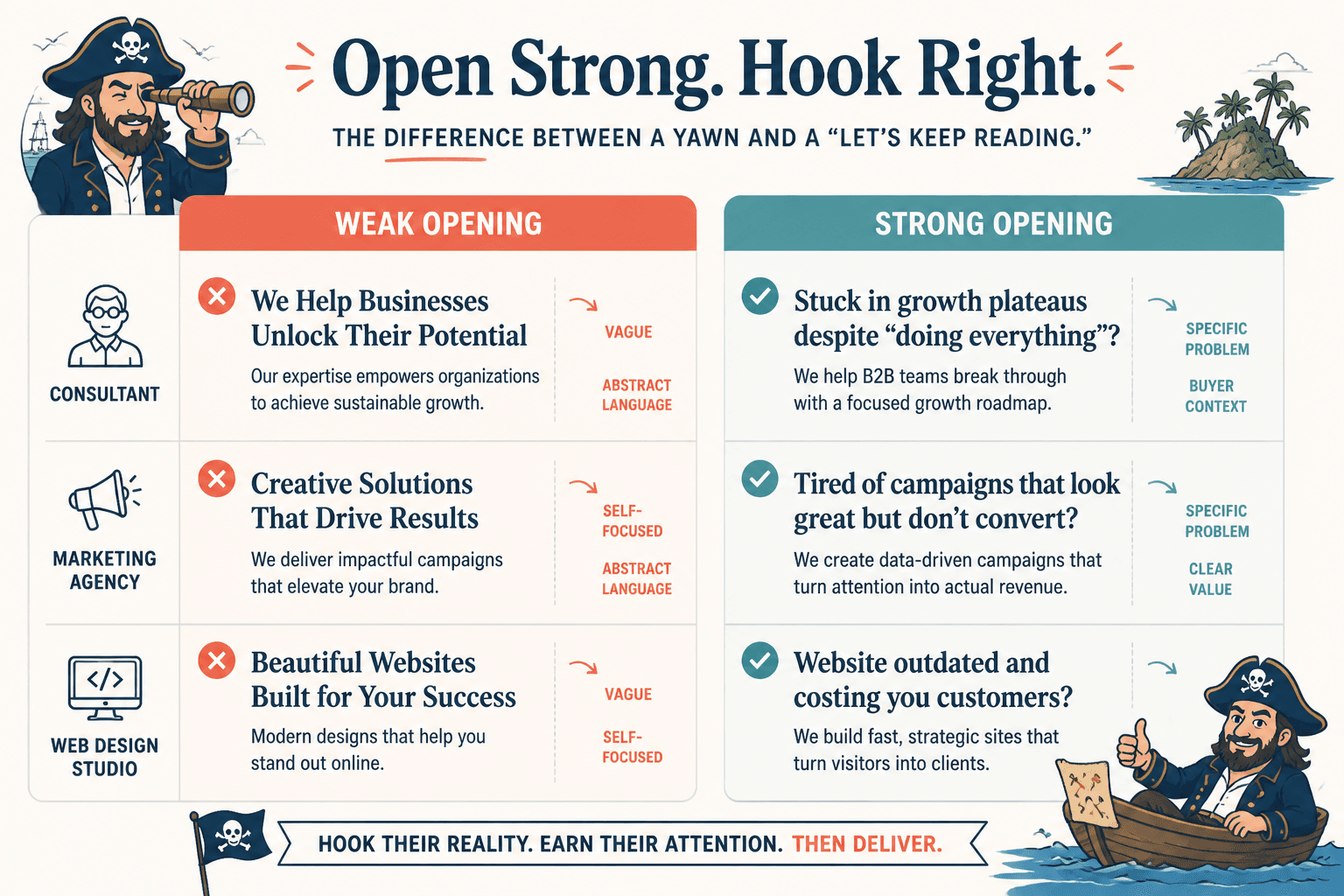 Side-by-side examples of weak and strong opening lines with notes on why the stronger version works.