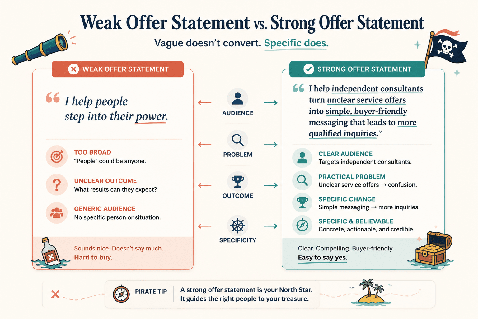 Side-by-side examples of weak and strong offer statements