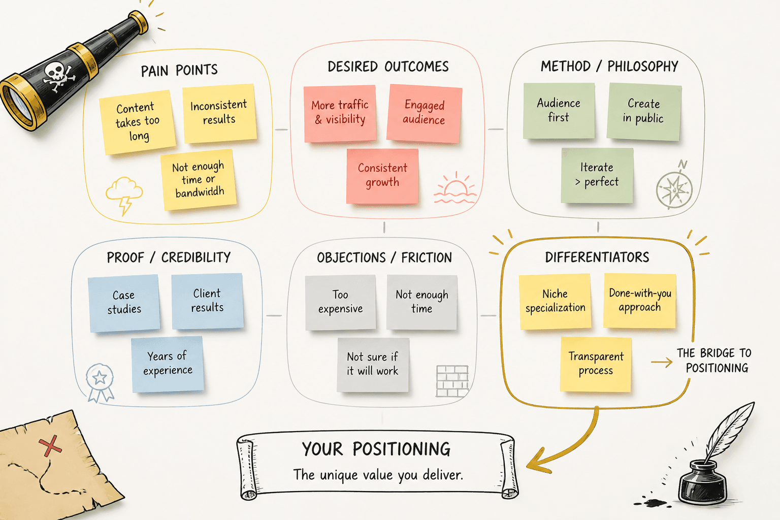 Sticky-note clusters grouping repeated pain points, outcomes, proof, and differentiators