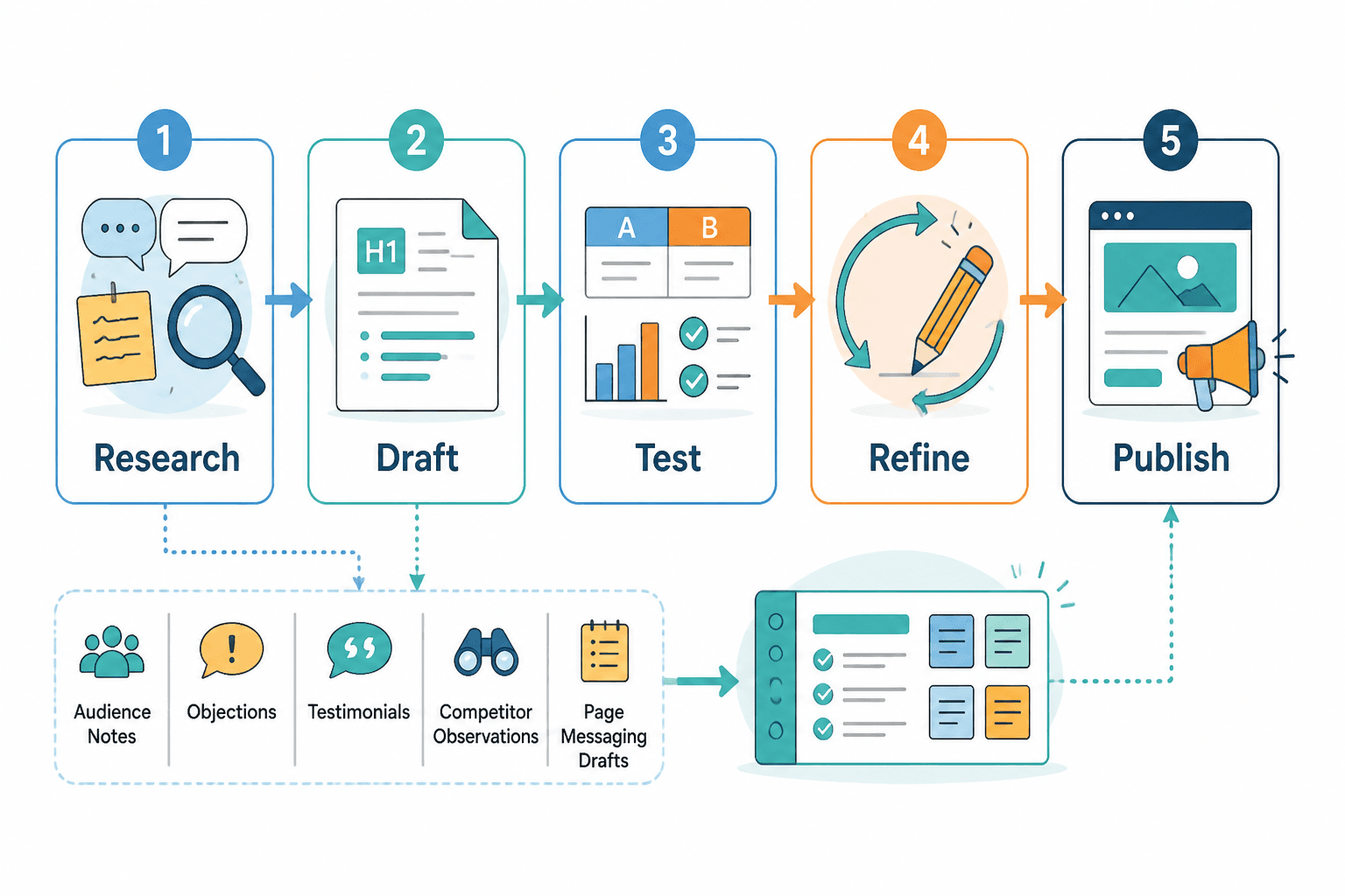 Workflow diagram showing research, draft, test, refine, and publish in sequence