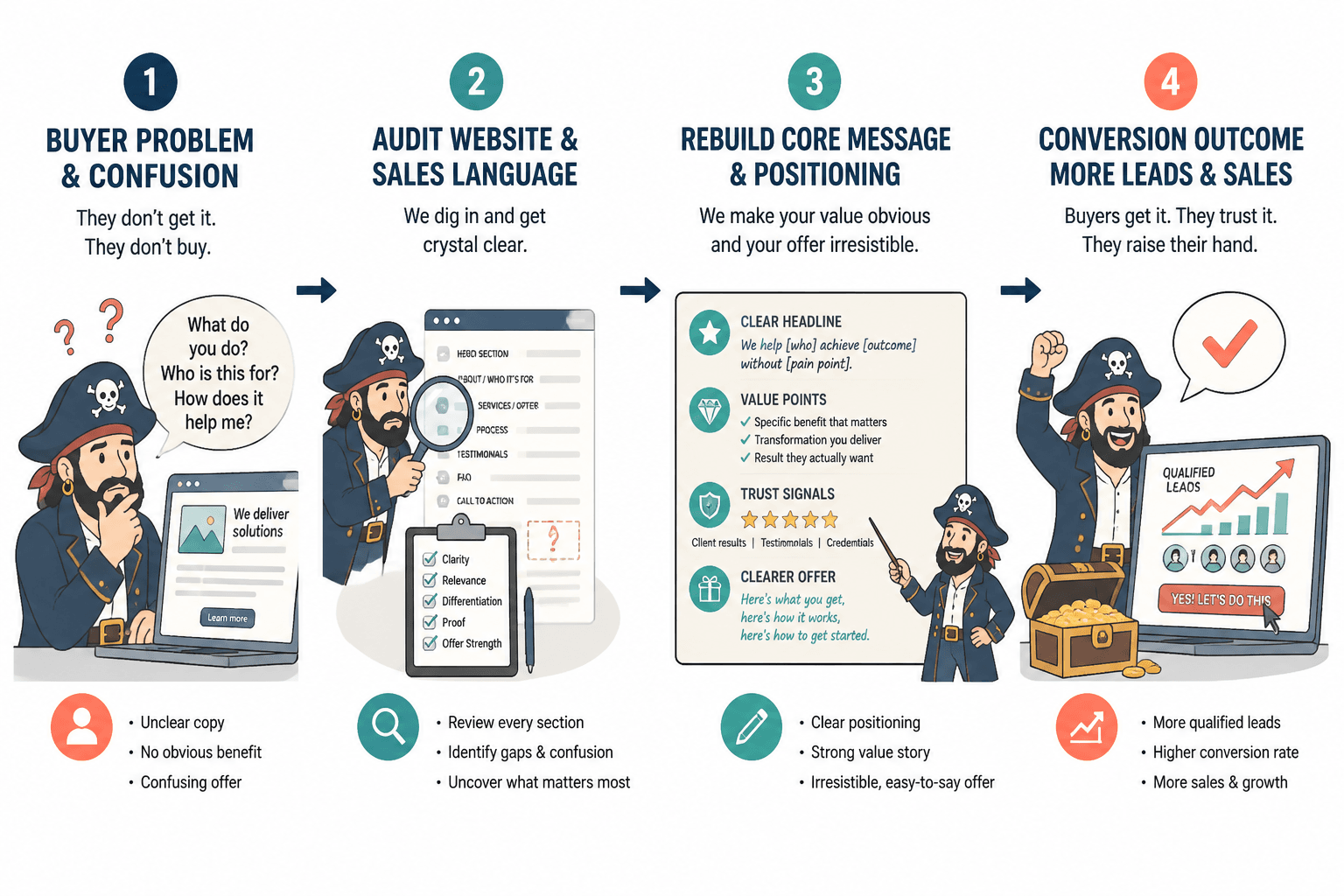 Flow diagram from buyer confusion audit to clearer messaging and more conversions