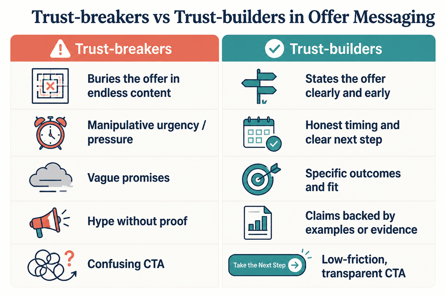 Side-by-side comparison of trust-breaking copy habits and trust-building messaging habits