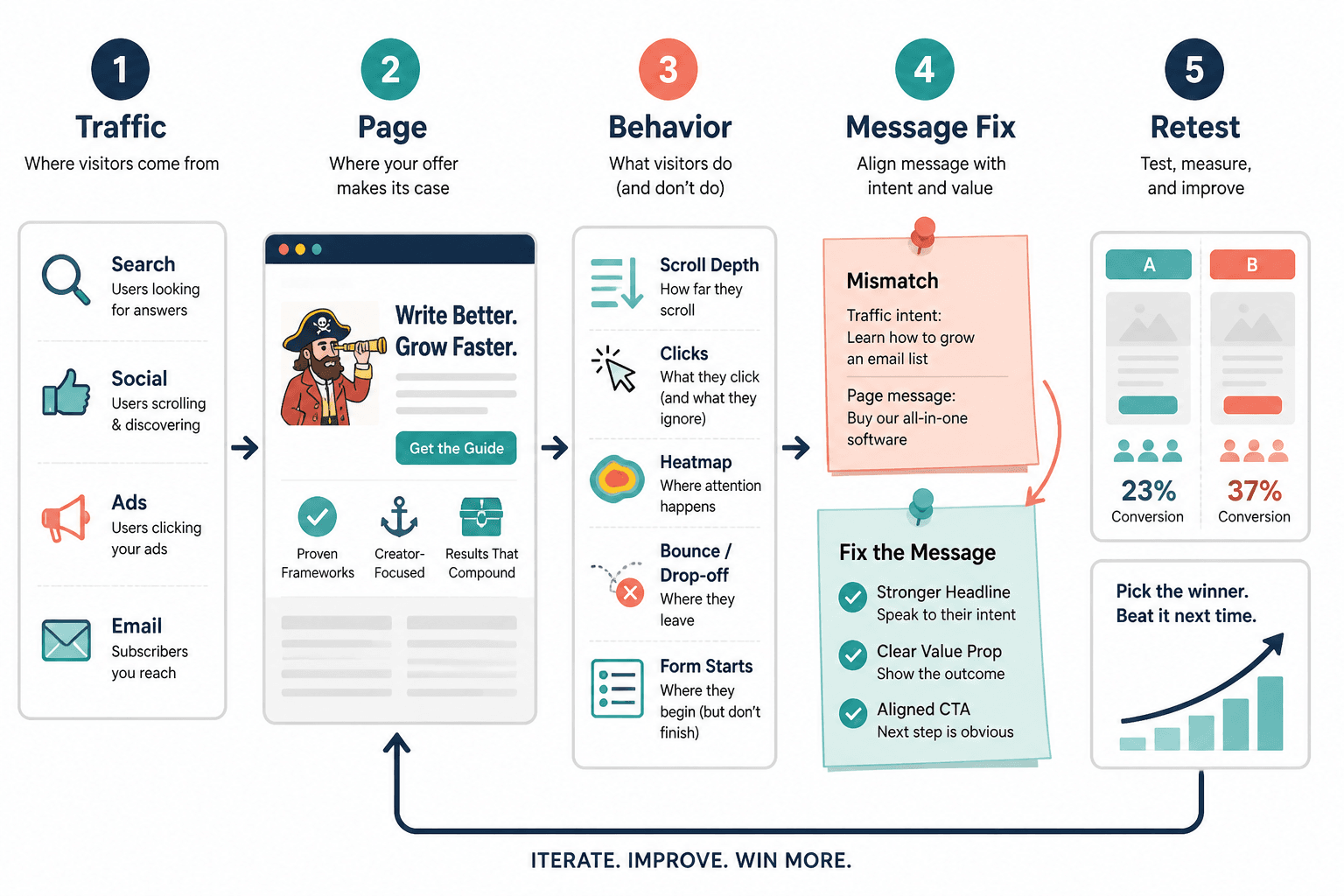Workflow from traffic source to page behavior analysis, message fix, and retest.