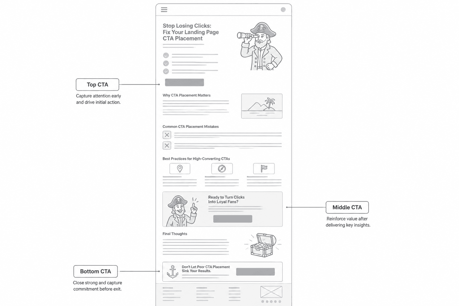 Wireframe of a landing page with CTA buttons placed at the top, middle, and bottom.