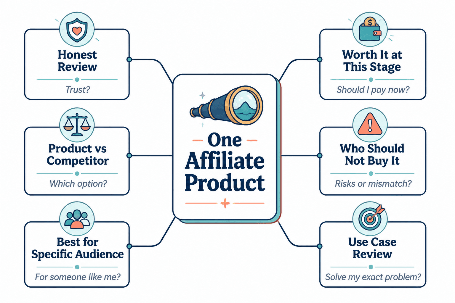 Diagram showing one affiliate product branching into six review article angles