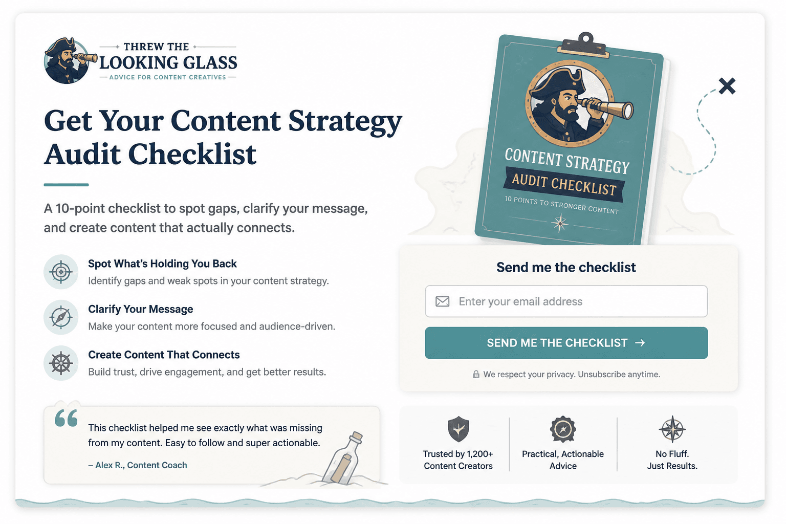 Mock lead magnet landing page with checklist CTA, three benefit bullets, and testimonial proof.