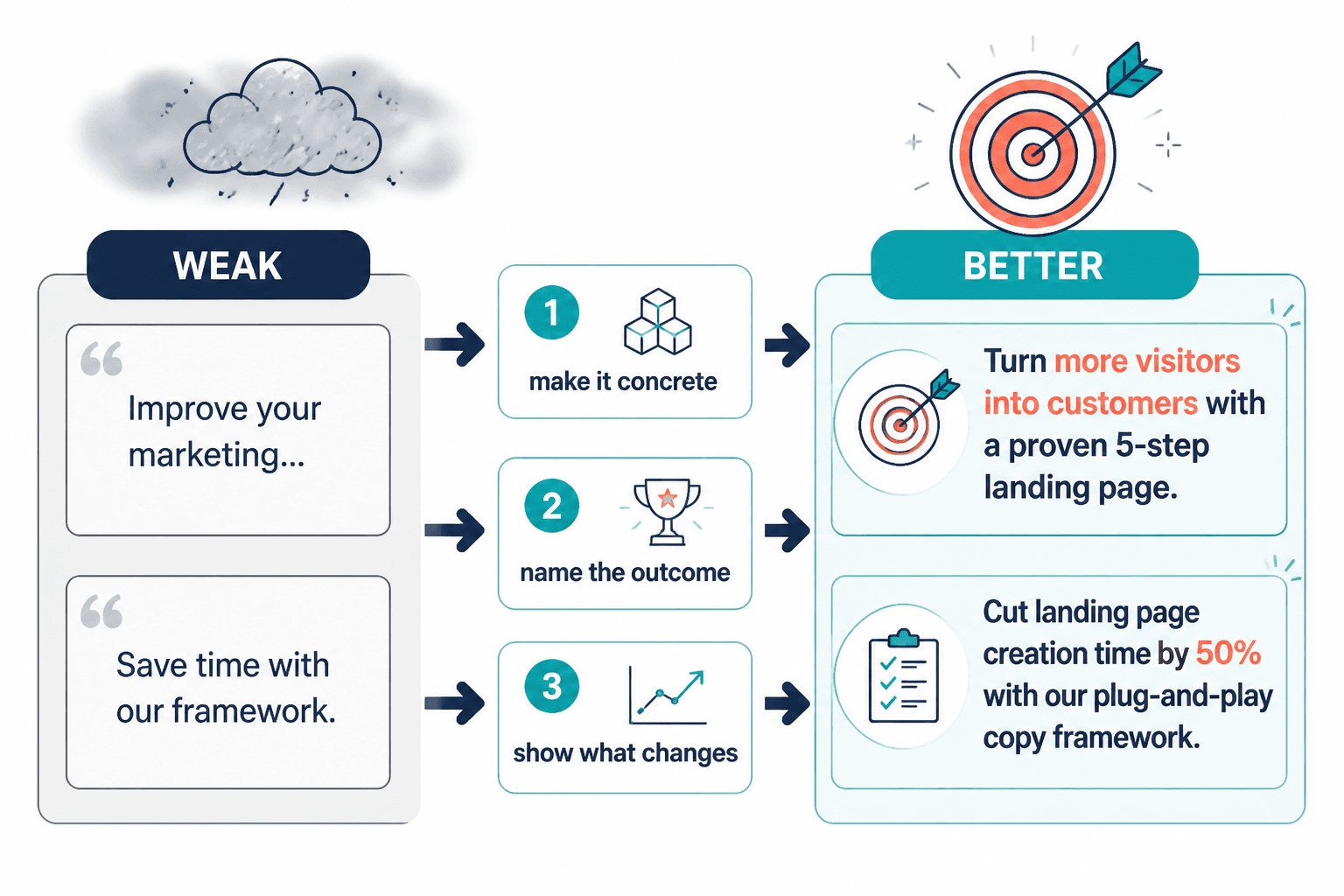 Flow showing how a vague landing-page claim is rewritten into a specific benefit statement.