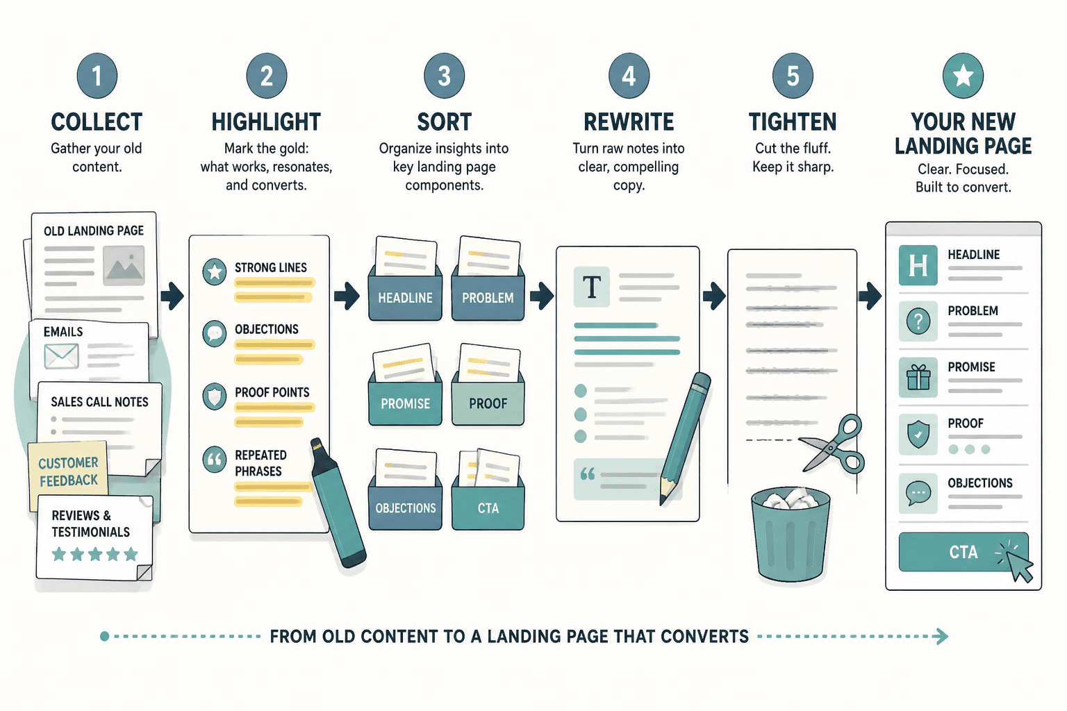 Five-step flow from old content to landing page sections